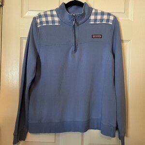 Vineyard Vines Women's 1/4 Zip Classic Light Blue/Blue Gingham Sweatshirt Sz L
